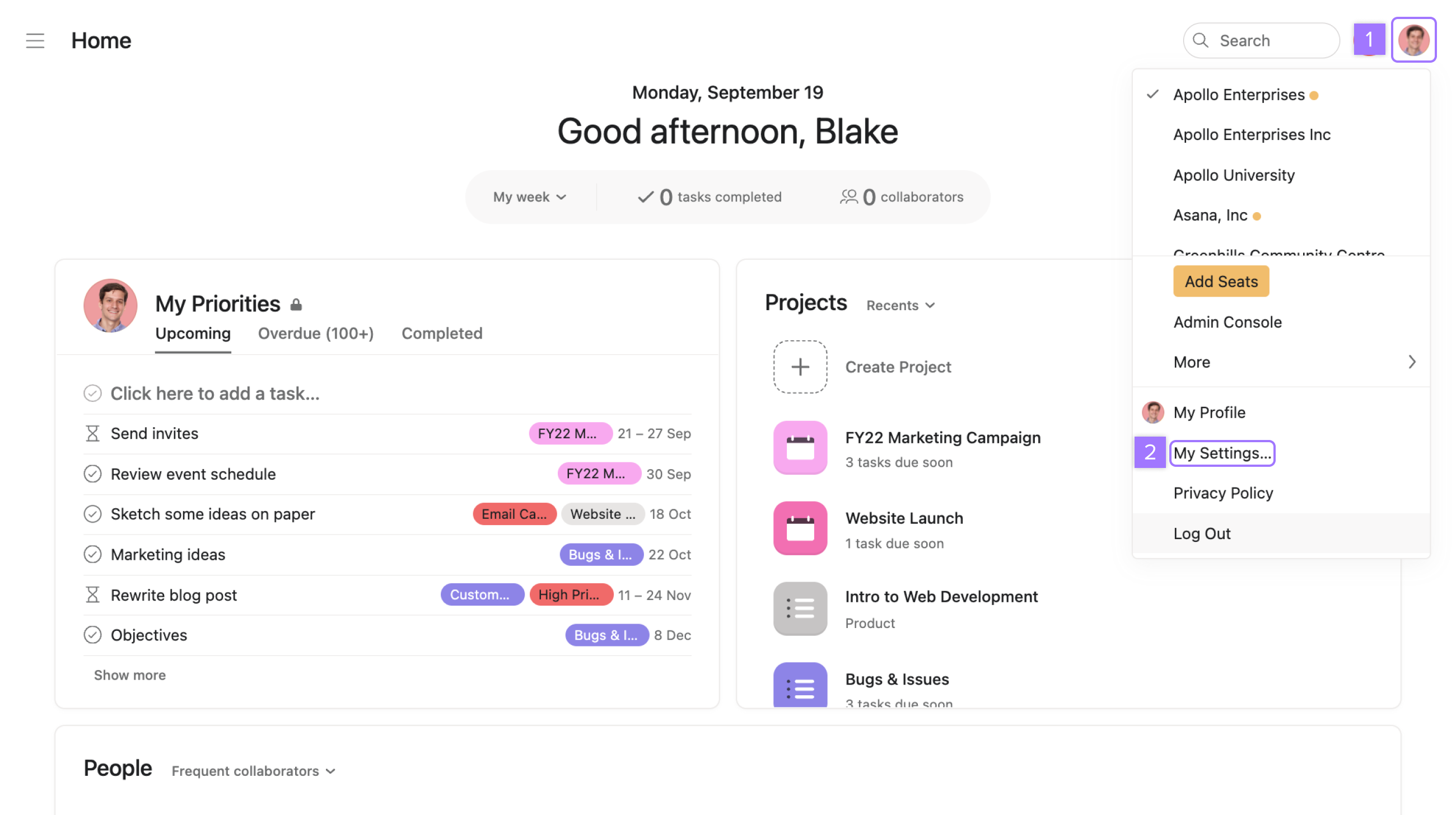 An image showing the Asana interface, with a timeline and various organized tasks. digital tools for small businesses