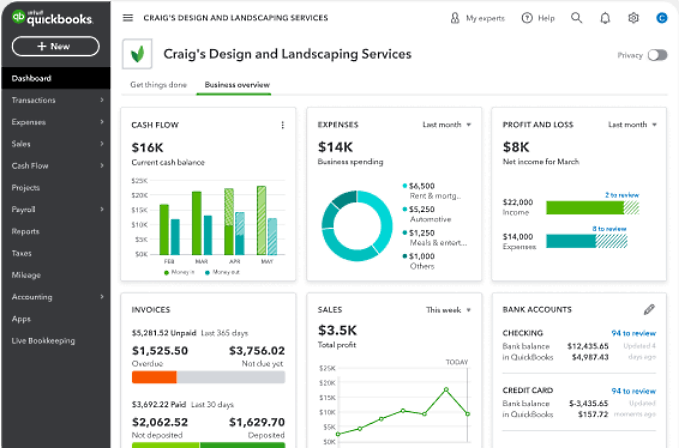 A screenshot of QuickBooks displaying a spreadsheet with financial information and charts. digital tools for small businesses