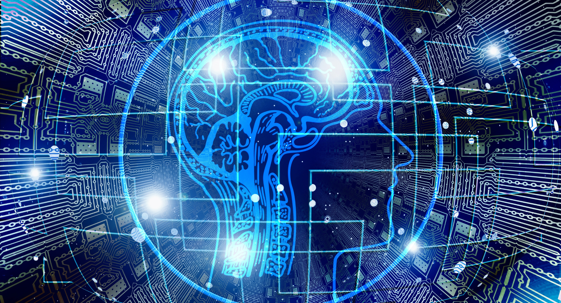  Illustration of a brain connected with lines representing the flow of digital data. Keyword: Digital Transformation.